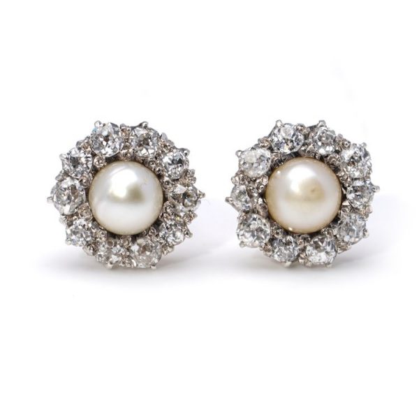 Antique Pearl and Old Cut Diamond Cluster Stud Earrings