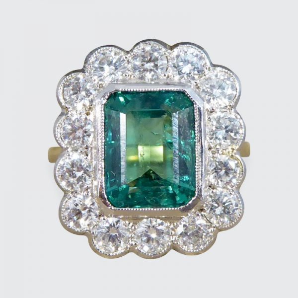 3.52ct Emerald and Diamond Rectangular Cluster Ring