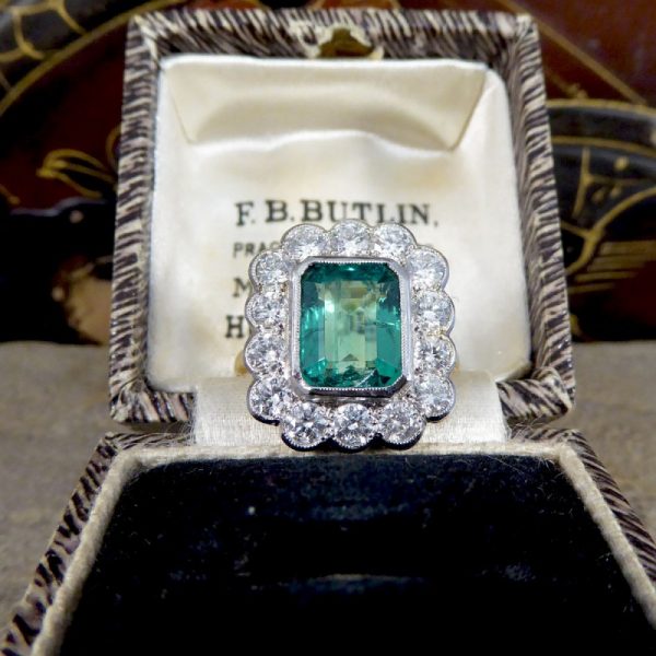 3.52ct Emerald and Diamond Rectangular Cluster Ring