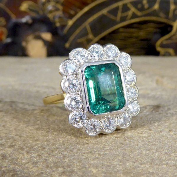 3.52ct Emerald and Diamond Rectangular Cluster Ring