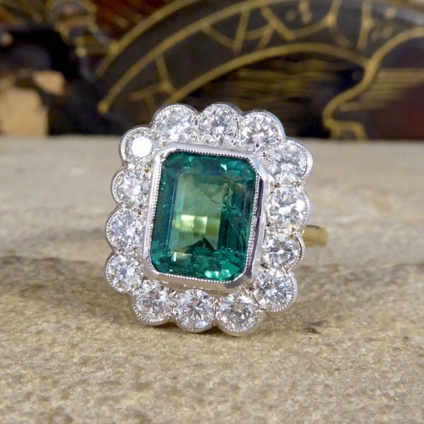 3.52ct Emerald and Diamond Rectangular Cluster Ring