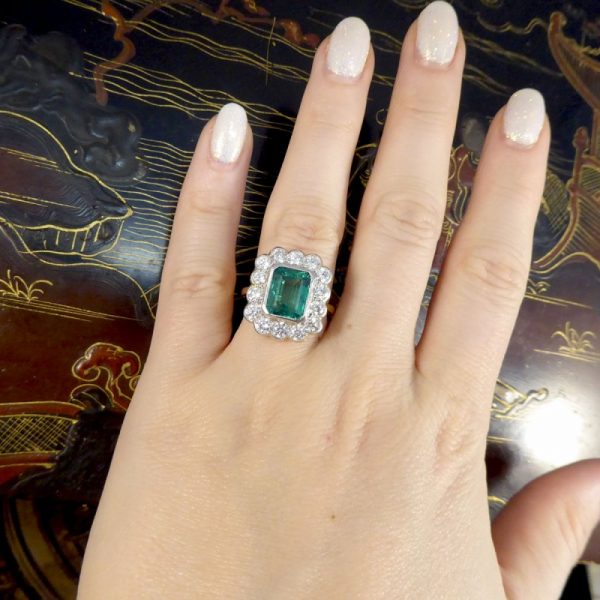 3.52ct Emerald and Diamond Rectangular Cluster Ring