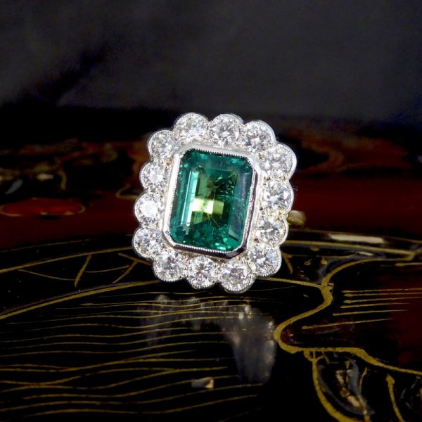 3.52ct Emerald and Diamond Rectangular Cluster Ring