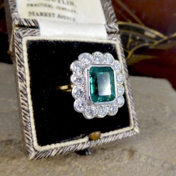 3.52ct Emerald and Diamond Rectangular Cluster Ring