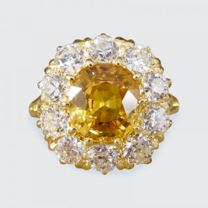 3.60ct Yellow Sapphire and 2.10ct Old Cut Diamond Cluster Ring