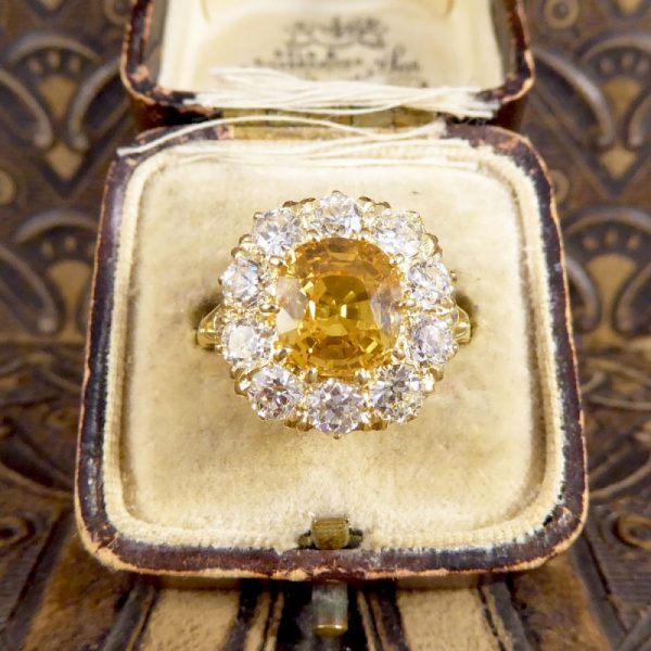 3.60ct Yellow Sapphire and 2.10ct Old Cut Diamond Cluster Ring