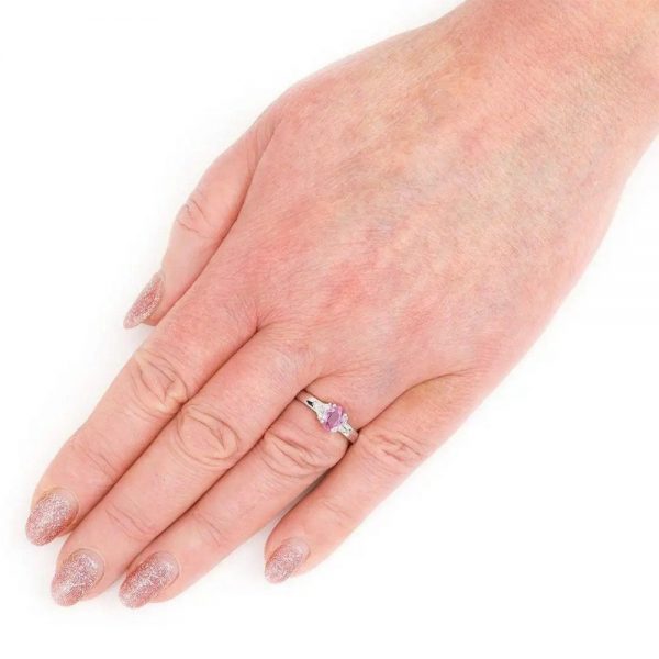 0.84ct Pink Sapphire and Trilliant Diamond Three Stone Ring in 18ct White Gold