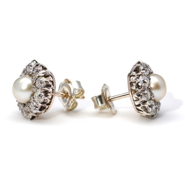 Antique Pearl and Old Cut Diamond Cluster Earrings