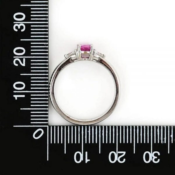 0.84ct Pink Sapphire and Trilliant Diamond Three Stone Ring in 18ct White Gold