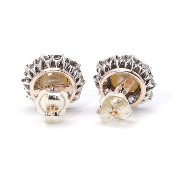 Antique Pearl and Old Cut Diamond Cluster Stud Earrings