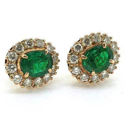 Colombian Emerald and Diamond Oval Cluster Earrings, 2.20 carats