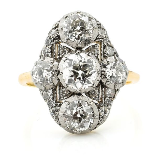 Antique Victorian 2.84ct Old Cut Diamond Plaque Dress Ring; 2.84 carats of old-cut diamonds in platinum upon 18ct yellow gold. Made in England, late 19th century Circa 1890s