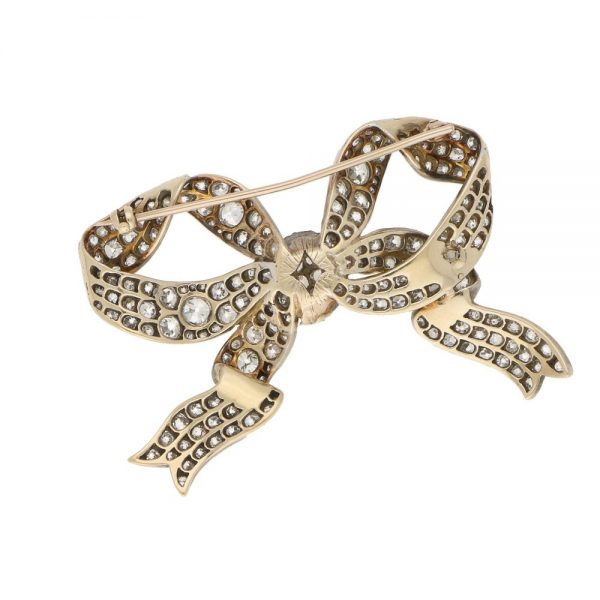 Antique Victorian Diamond Bow Brooch in Silver and Yellow Gold