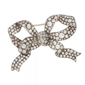 Antique Victorian Diamond Bow Brooch in Silver and Yellow Gold