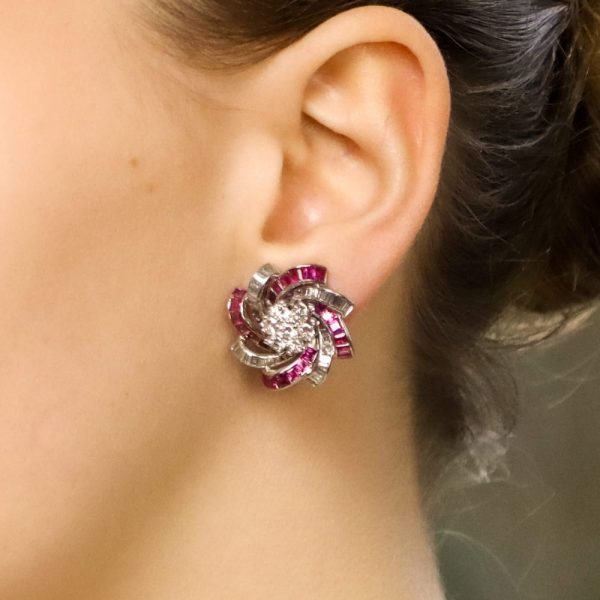 3.60ct Diamond and Calibre Cut Ruby Swirl Clip Earrings in White Gold