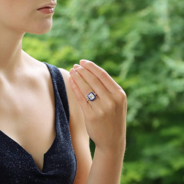 Emerald Cut Diamond and Sapphire Target Engagement Ring Platinum