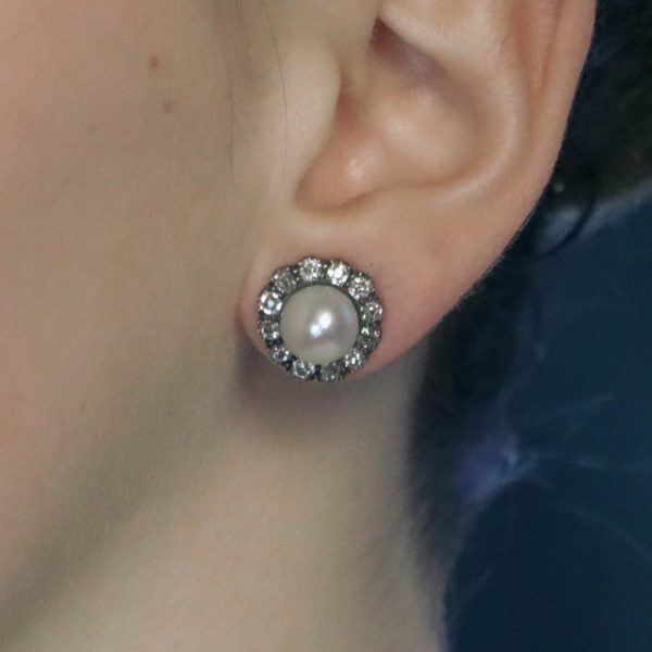 Antique Victorian Natural Pearl and Mine Cut Diamond Cluster Earrings