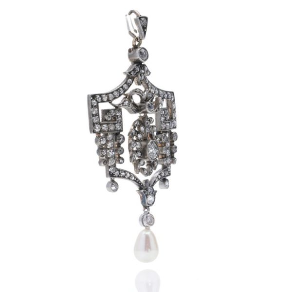 Belle Epoque 1.60ct Old Cut Diamond Pendant with Natural Pearl