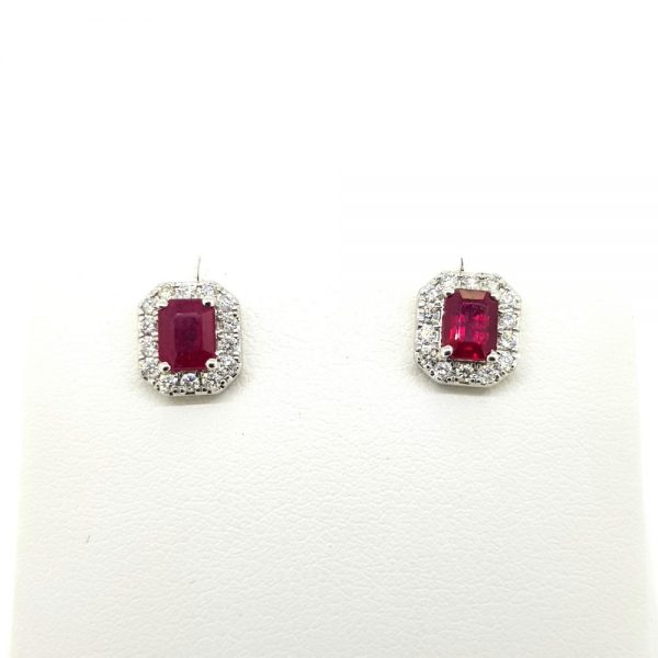 1.03ct Emerald Cut Ruby and Diamond Cluster Stud Earrings