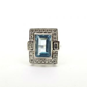 Art Deco Style Aquamarine and Diamond Tablet Ring