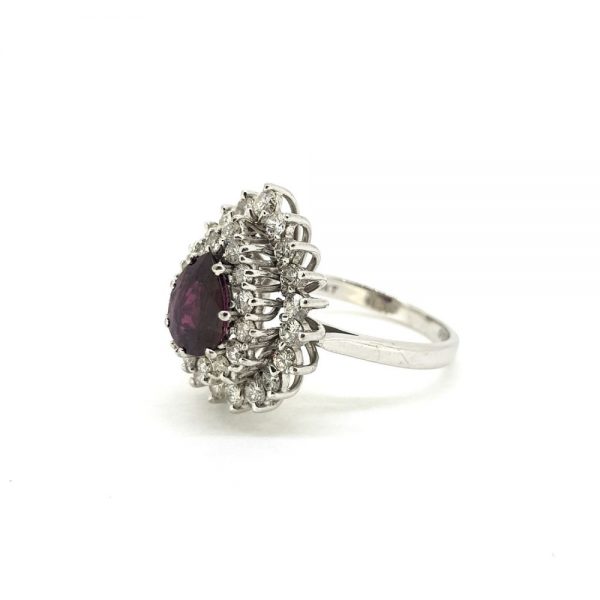 1ct Pear Cut Ruby Cluster Ring with 1.50ct Double Diamond Surround