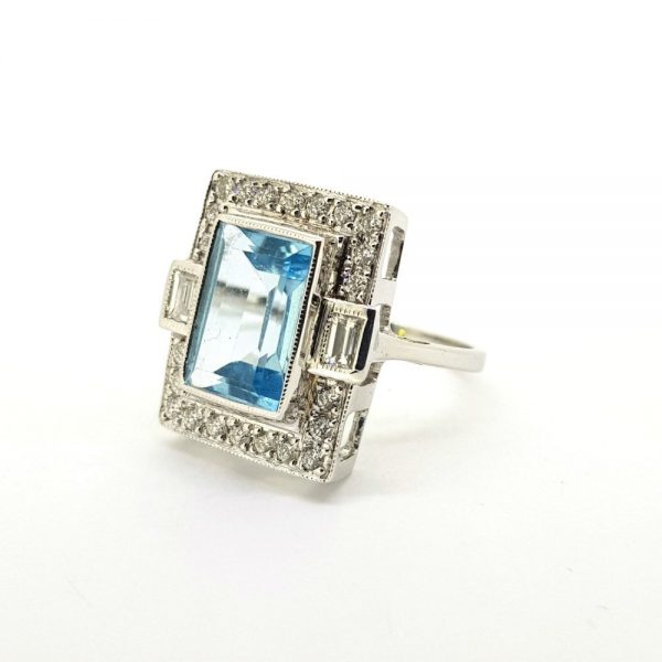Art Deco Style Aquamarine and Diamond Tablet Ring