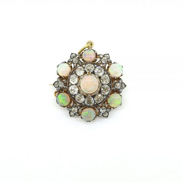 Antique Victorian Opal and Old Cut Diamond Pendant Brooch 3 carat total