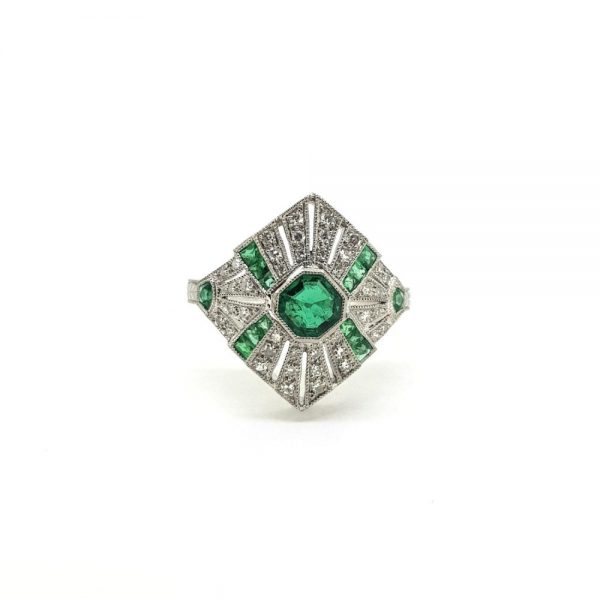 Art Deco Style Emerald Diamond Platinum Dress Ring
