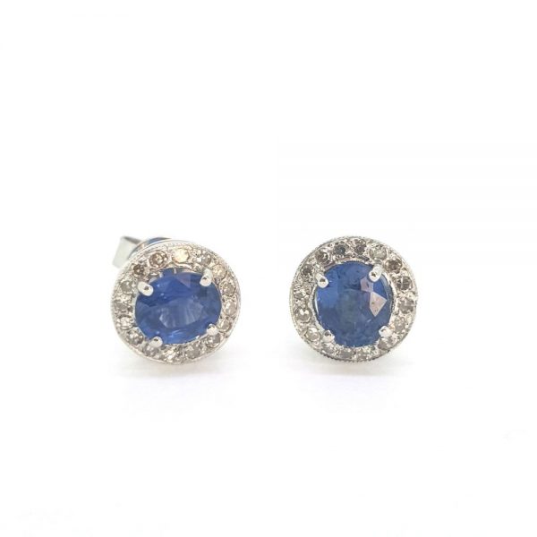 Vintage Sapphire and Diamond Cluster Stud Earrings in 18ct White Gold