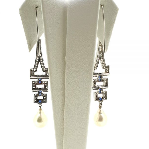 Art Deco Style Sapphire Pearl and Diamond Drop Earrings
