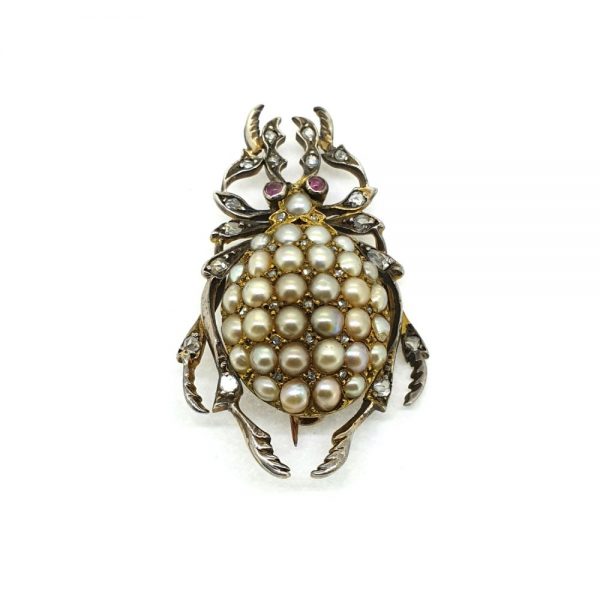 Antique Late Victorian Stag Beetle Bug Brooch with Pearls and Diamonds