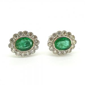 2.27ct Emerald and Diamond Oval Cluster Earrings