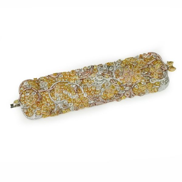 Fine Fancy Yellow Diamond Cuff Bracelet in Tri Colour Gold, 57.80 carat total