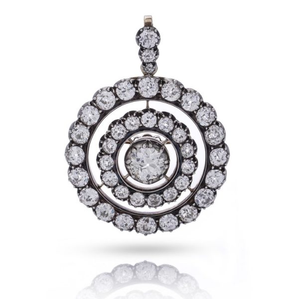 Antique Edwardian 9.45ct Old Cut Diamond Pendant; central old cut diamond surrounded by two fixed diamond-set halos and suspended from graduated diamond-set bale in platinum upon 18ct yellow gold. Made in England, Circa 1910