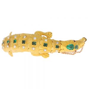 Antique Late Victorian Emerald Ruby and Pearl Salamander Bracelet