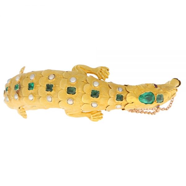 Antique Late Victorian Emerald Ruby and Pearl Salamander Bracelet