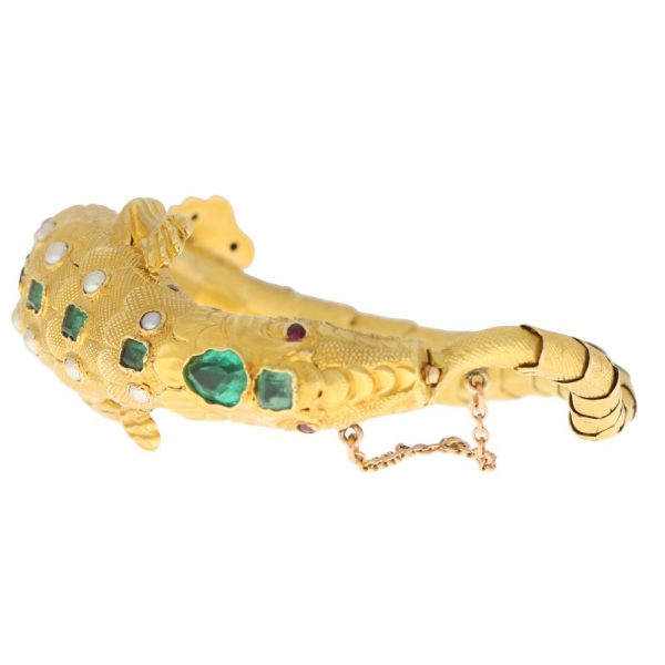 Antique Late Victorian Emerald Ruby and Pearl Salamander Bracelet