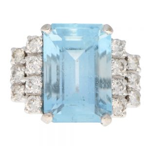 Art Deco Inspired Aquamarine and Diamond Cocktail Ring