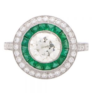 Art Deco Style Emerald and Diamond Target Halo Ring