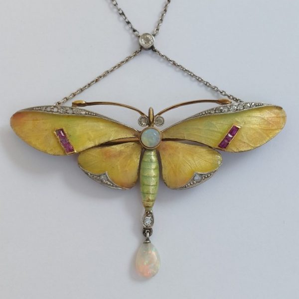 Antique Art Nouveau Enamel Butterfly Brooch Pendant Necklace