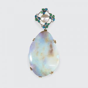 Antique Arts and Crafts Opal Pearl and Enamel Pendant