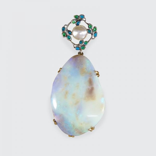 Antique Arts and Crafts Opal Pearl and Enamel Pendant