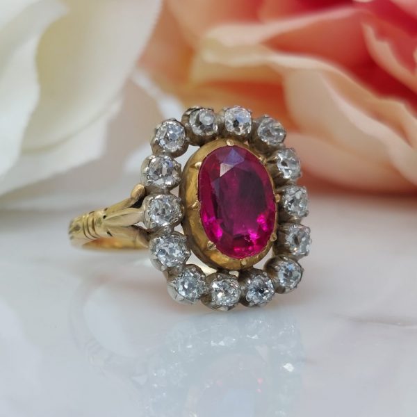 Antique Georgian Burma Ruby and Old Cut Diamond Ring PU10