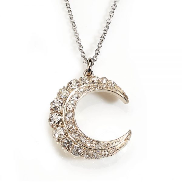 Antique Victorian Diamond Set Crescent Pendant with Chain