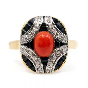 Art Deco Style Coral Onyx and Diamond Ring