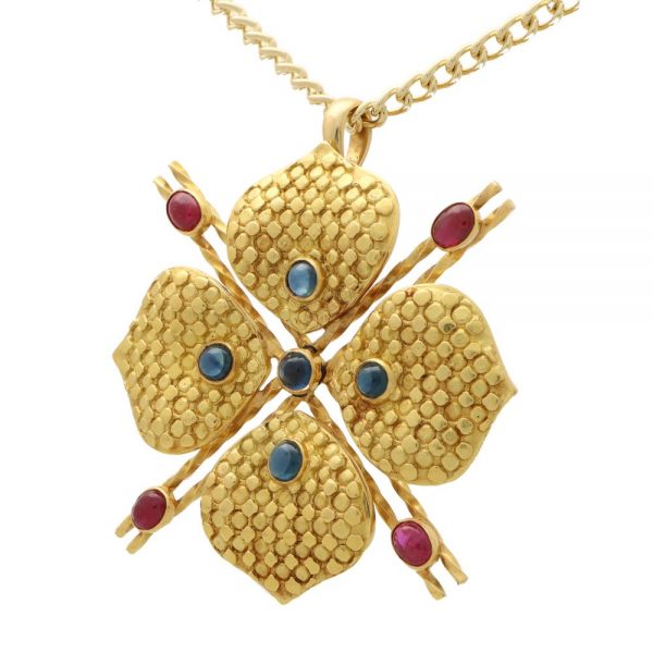 Vintage French Ruby and Sapphire Four Leaf Clover Pendant in 18ct Yellow Gold