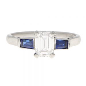 GIA Certified Antique Art Deco Diamond and Sapphire Three Stone Ring