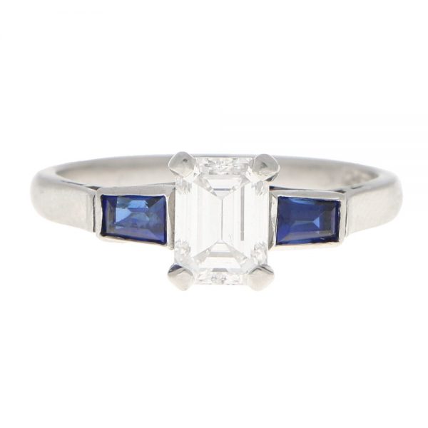 GIA Certified Antique Art Deco Diamond and Sapphire Three Stone Ring