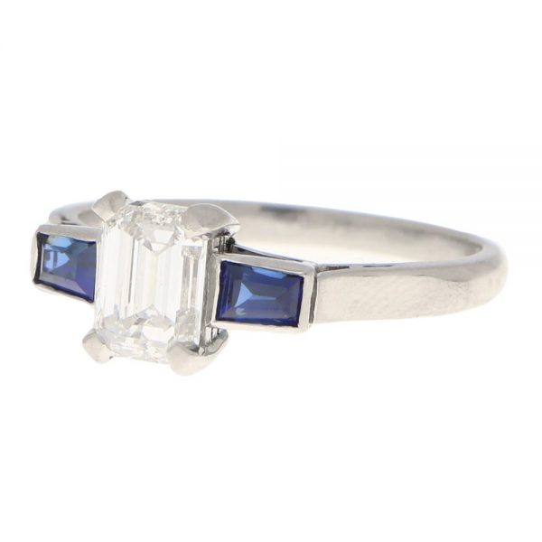 GIA Certified Antique Art Deco Diamond and Sapphire Three Stone Ring