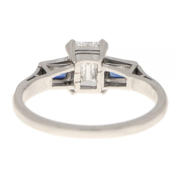 GIA Certified Antique Art Deco Diamond and Sapphire Three Stone Ring